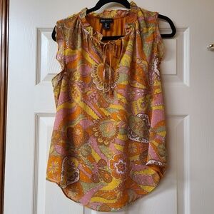 Jones New York Sleeveless Ruffle V Neck Retro Floral Colorful Tank Top